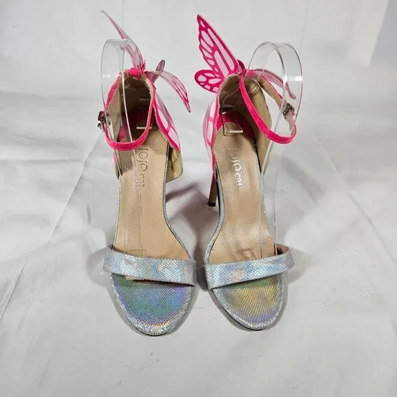 JOJO Cat Pink White Iridescent Sil Heels Women's Size 39 or 8.5 Prom Formal - Picture 5 of 10